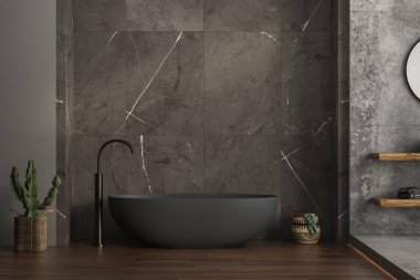 Antrasit banyo küveti, arka duvarda mermer seramik fayanslar, parke döşemeler, bitkiler ve sepetin olduğu modern bir banyo. 3d oluşturma