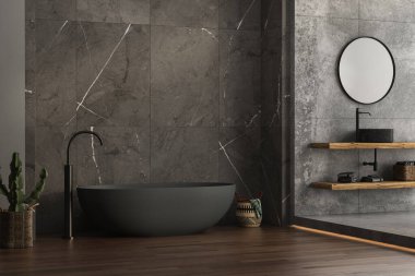 Minimum ahşap kibri, oval aynası, siyah lavabosu, mermer seramik duvarları, beton zemini, bitki ve sepetleri, banyo aksesuarları ve modern antrasit küveti olan modern bir banyo. 3d oluşturma