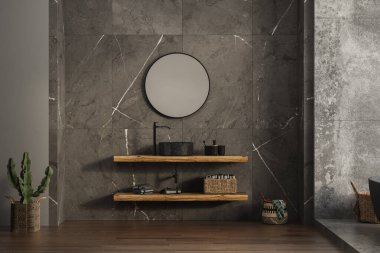 Minimum ahşap kibri, oval aynası, siyah lavabosu, mermer seramik duvarları, beton zemini, bitki ve sepetleri, banyo aksesuarları ve modern antrasit küveti olan modern bir banyo. 3d oluşturma