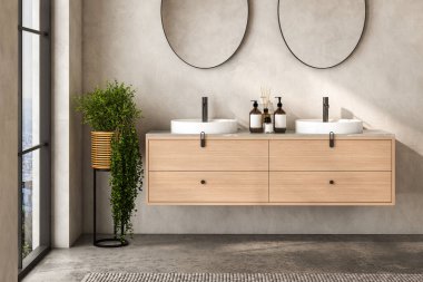 Çift lavabolu ve aynalı modern bej banyo, beton zeminde halı, küvet, duş alanı, bitkiler. Otel stüdyosunda banyo aksesuarları ve pencere. Model yap. 3B görüntüleme