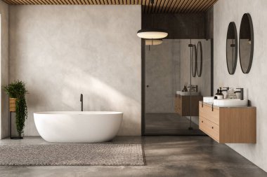 Çift lavabolu ve aynalı modern bej banyo, beton zeminde halı, küvet, duş alanı, bitkiler. Otel stüdyosunda banyo aksesuarları ve pencere. Model yap. 3B görüntüleme