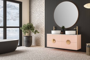 Modern minimalist banyo tasarımı, modern pembe banyo dolabı, beyaz lavabo, ahşap kibir, iç tesisler, banyo aksesuarları, siyah-beyaz banyo küveti, panel duvar, terrazzo döşeme 3D.