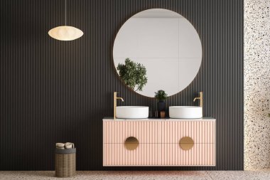 Modern minimalist banyo tasarımı, modern pembe banyo dolabı, beyaz lavabo, ahşap kibir, iç tesisler, banyo aksesuarları, siyah-beyaz banyo küveti, panel duvar, terrazzo döşeme 3D.