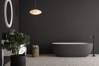 Terrazzo döşeme ve duvarları, siyah duvar paneli, sepet, kolye lambası ve doğal ışığın yanı sıra beyaz, lüks bir banyo ve siyah beyaz küvetin yer aldığı modern bir banyo. 3d oluşturma