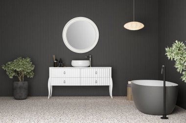 Terrazzo döşeme ve duvarları, siyah duvar paneli, sepet, kolye lambası ve doğal ışığın yanı sıra beyaz, lüks bir banyo ve siyah beyaz küvetin yer aldığı modern bir banyo. 3d oluşturma