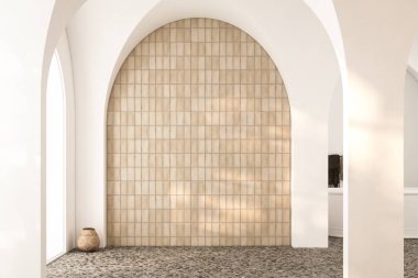 Boş seramik duvarı, küveti, havlusu, bitkisi, kemerli tavanı ve beton döşemesi olan modern bir banyo. Banyo dolaplarını ve aksesuarları göstermek için mükemmel. 3d oluşturma