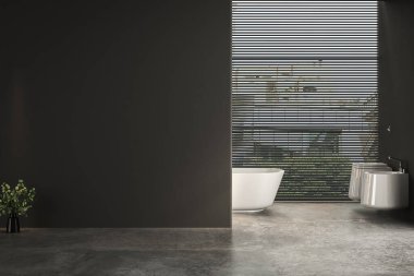 Siyah duvarı, penceresi, küveti, bidesi, tuvaleti, bitkileri ve beton döşemesi olan modern bir banyo sahnesi. Banyo maketini sergilemek için mükemmel. 3d oluşturma