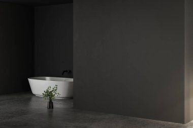 Siyah duvarı, penceresi, küveti, bidesi, tuvaleti, bitkileri ve beton döşemesi olan modern bir banyo sahnesi. Banyo maketini sergilemek için mükemmel. 3d oluşturma