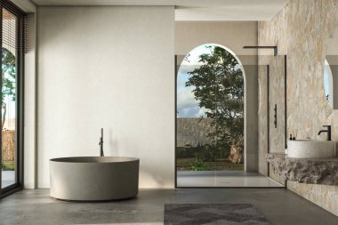 Entegre lavabosu, yuvarlak aynası, duş kabini, yuvarlak küveti ve parlak beton zemini olan modern bir banyo. Doğal ışık, arka bahçe. 3d oluşturma