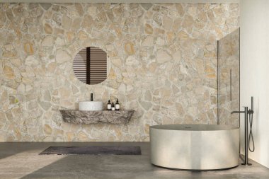 Entegre lavabosu, yuvarlak aynası, duş kabini, yuvarlak küveti ve parlak beton zemini olan modern bir banyo. Doğal ışık, arka bahçe. 3d oluşturma