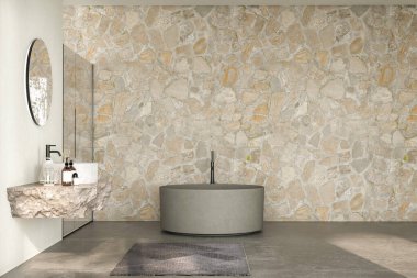 Entegre lavabosu, yuvarlak aynası, duş kabini, yuvarlak küveti ve parlak beton zemini olan modern bir banyo. Doğal ışık, arka bahçe. 3d oluşturma