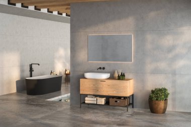 Gösterişli bir banyo, siyah beyaz küvet, duvara monte edilmiş ayna, bitkiler, beton döşeme, gri duvarlar ve küçük bir havuz olan minimalist bir banyo. 3d oluşturma