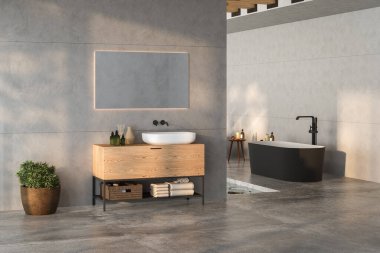 Gösterişli bir banyo, siyah beyaz küvet, duvara monte edilmiş ayna, bitkiler, beton döşeme, gri duvarlar ve küçük bir havuz olan minimalist bir banyo. 3d oluşturma