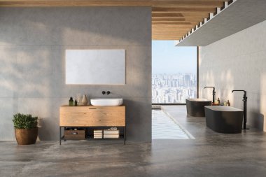 Gösterişli bir banyo, siyah beyaz küvet, duvara monte edilmiş ayna, bitkiler, beton döşeme, gri duvarlar ve küçük bir havuz olan minimalist bir banyo. 3d oluşturma