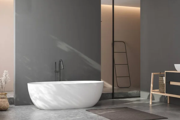 现代简约浴室内部 现代浴室橱柜 白色水槽 木制虚荣 室内工厂 浴室配件 浴缸和淋浴 黑色和米黄色墙壁 混凝土地板 3D渲染 — 图库照片