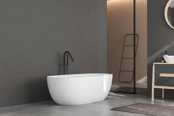 现代简约浴室内部 现代浴室橱柜 白色水槽 木制虚荣 室内工厂 浴室配件 浴缸和淋浴 黑色和米黄色墙壁 混凝土地板 3D渲染 — 图库照片