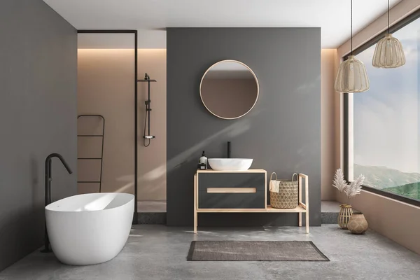 Modernes Minimalistisches Badezimmerinterieur Moderner Badezimmerschrank Weißes Waschbecken Hölzerner Waschtisch Raumpflanzen — Stockfoto