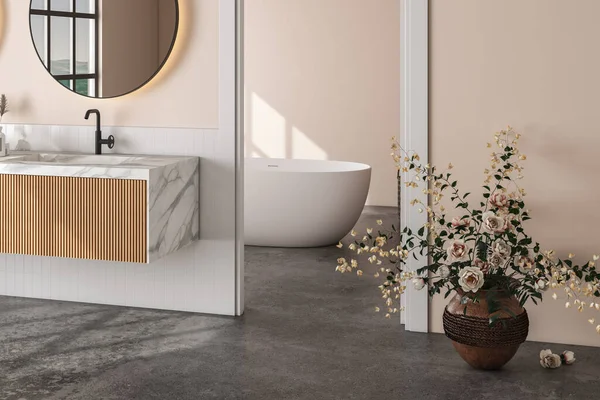 Modern Banyo Beyaz Fayanslar Bej Duvarlar Beton Zemin Mermer Tezgahta — Stok fotoğraf