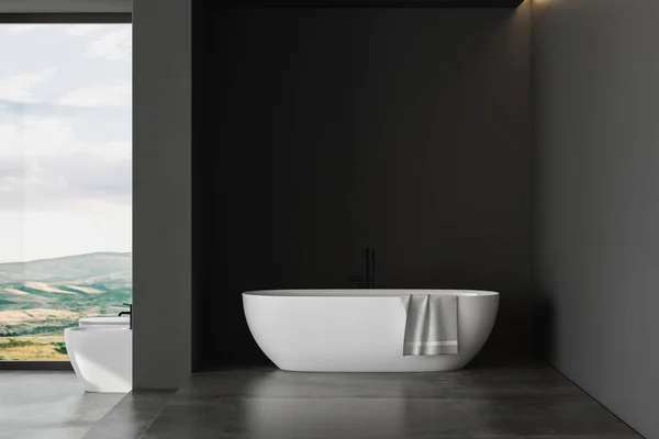 现代浴室内部有混凝土地面 白色椭圆形浴缸和白色水盆 淋浴间 植物和山景从窗户 带有现代家具的简约浴室 3D渲染 — 图库照片