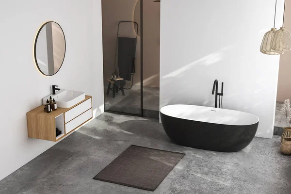 现代简约浴室内部 现代浴室橱柜 白色水槽 木制虚荣 室内工厂 浴室配件 浴缸和淋浴 白色和米黄色墙壁 混凝土地板 3D渲染 — 图库照片