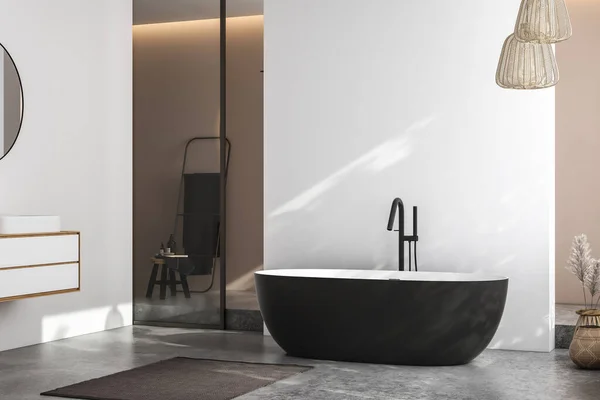 Modernes Minimalistisches Badezimmerinterieur Moderner Badezimmerschrank Weißes Waschbecken Hölzerner Waschtisch Raumpflanzen — Stockfoto