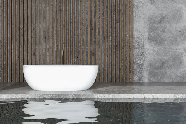 米色浴室内部有混凝土地面 两个白色浴缸和一个水池 内部游泳池 侧视图 具有现代家具和城市视野的最低限度浴室 3D渲染 — 图库照片