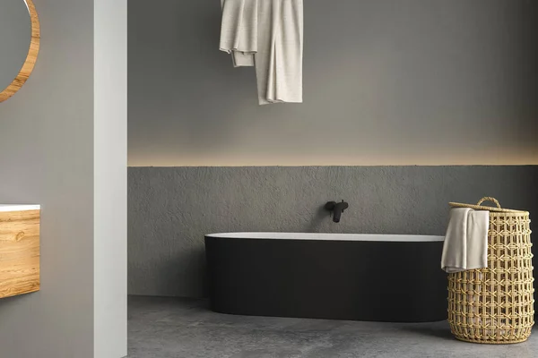 Beautiful Black White Bathtub Standing Concrete Floor Front Gray Wall — Stock Photo, Image