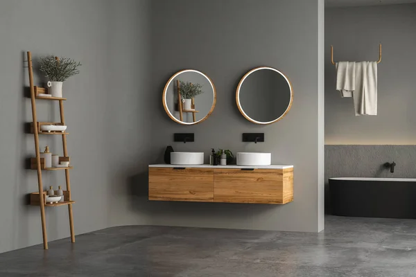 现代化的浴室内部有混凝土地面 黑色椭圆形浴缸和双水池 植物和山景从窗户 带有现代家具的简约浴室 3D渲染 — 图库照片