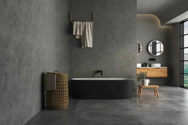 Salle Bain Moderne Avec Sol Béton Baignoire Ovale Noire Double — Photo