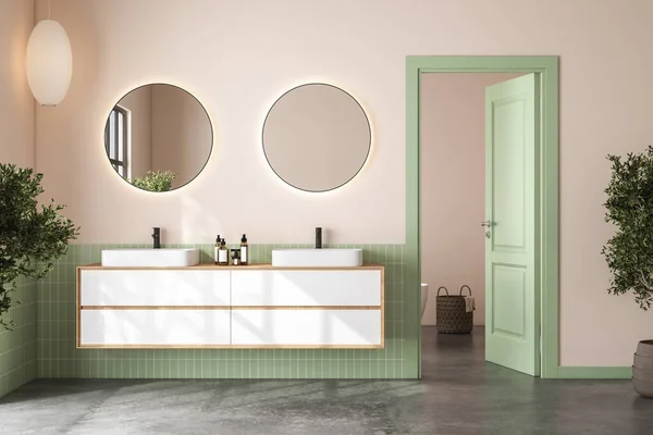 现代浴室的内部有绿色瓷砖和米黄色墙壁 混凝土地面 大理石台面双层白色水槽 上面有椭圆形的镜子和舒适的白色浴缸 3D渲染 — 图库照片