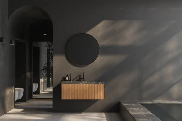 Moderne Donkere Badkamer Met Grijze Muren Betonnen Vloer Comfortabele Wastafel — Stockfoto