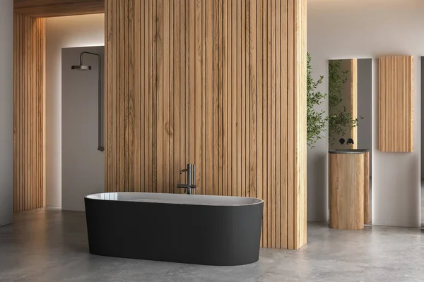 现代化的浴室内部与混凝土地面 黑色白色浴缸和双盆 植物和城市景观从窗户 带有现代家具的简约浴室 3D渲染 — 图库照片