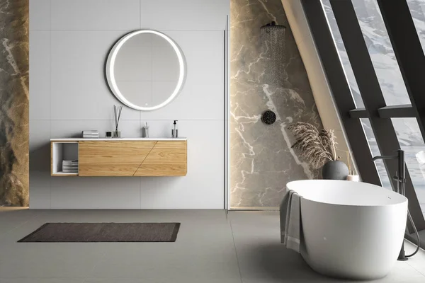 Modern Bathroom Interior Concrete Floor White Oval Bathtub White Basin — Stock Photo, Image