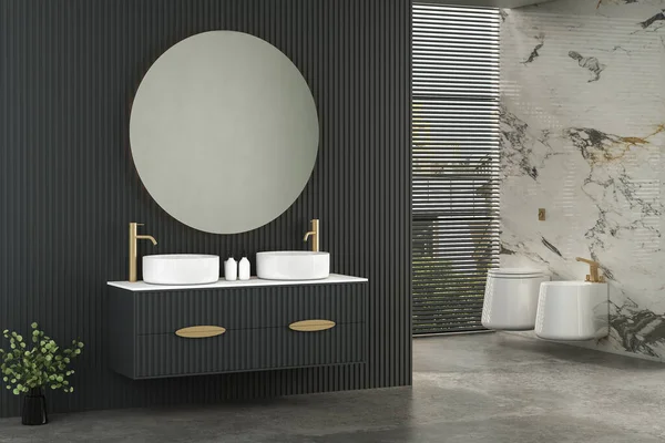 现代简约浴室内部 现代浴室橱柜 室内工厂 浴室配件 浴缸和厕所 黑色和大理石墙壁 3D渲染 — 图库照片