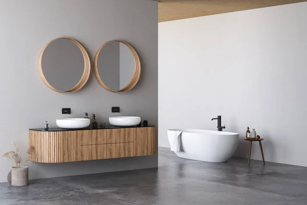 现代浴室内部设有白色墙壁 大理石盆设有双面镜 露天淋浴间和灰色混凝土地面 简约的米色浴室 配有现代家具 3D渲染 — 图库照片