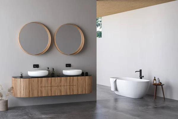 现代浴室内部设有白色墙壁 大理石盆设有双面镜 露天淋浴间和灰色混凝土地面 简约的米色浴室 配有现代家具 3D渲染 — 图库照片