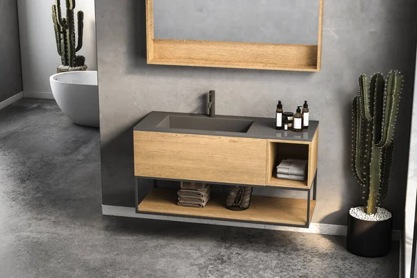 Moderní Minimalistický Interiér Koupelny Moderní Koupelna Skříň Bílý Dřez Dřevěná — Stock fotografie