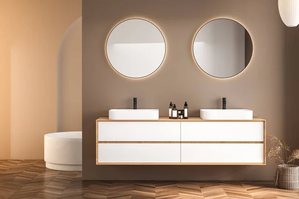 Moderní Minimalistický Interiér Koupelny Moderní Koupelna Skříň Bílý Dřez Dřevěná — Stock fotografie