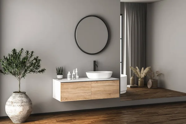Modern Bathroom Interior Dark Brown Parquet Floor White Oval Bathtub — Stock Photo, Image
