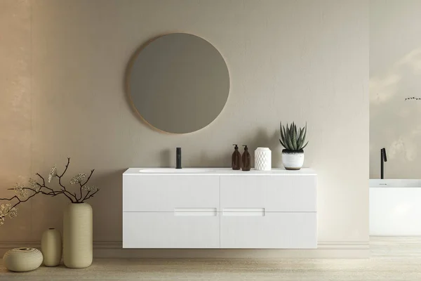 Světlý Minimální Interiér Koupelny Bílým Umyvadlem Oválným Zrcadlem Vanou Suchými — Stock fotografie