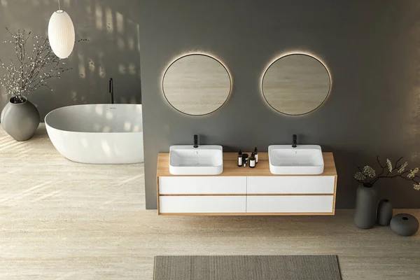 Moderní Šedý Interiér Koupelny Dvojitými Umyvadly Oválnými Zrcadly Vanou Suchými — Stock fotografie