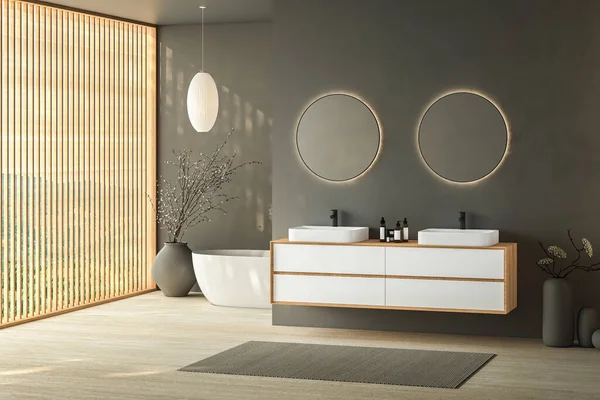 现代灰色浴室内部与双水槽和椭圆形镜子 干燥的植物在花瓶 地毯在花岗岩地面 宾馆演播室的浴室配件和窗户 3D渲染 — 图库照片