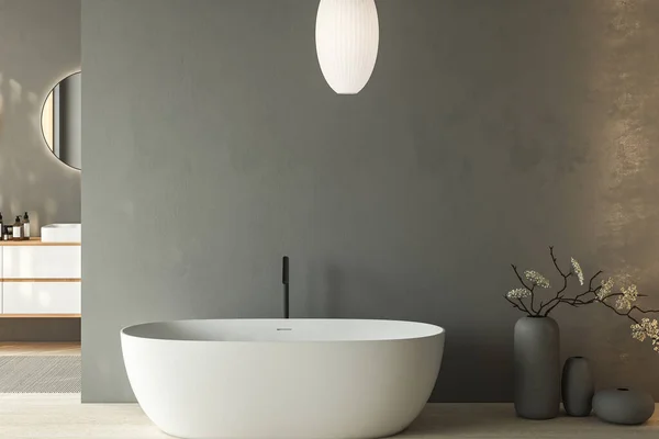 现代灰色浴室内部与双水槽和椭圆形镜子 干燥的植物在花瓶 地毯在花岗岩地面 宾馆演播室的浴室配件和窗户 3D渲染 — 图库照片