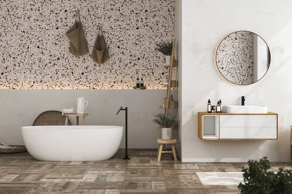 现代简约浴室内部 现代浴室橱柜 白色水槽 木制虚荣 室内植物 浴室配件 白色墙壁 Terrazzo地板 3D渲染 — 图库照片