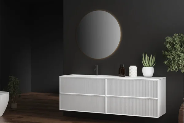 现代深色浴室 有灰色墙壁 软垫地板和舒适的水池 有黑色水龙头 挂在墙上的椭圆形镜子 3D渲染 — 图库照片