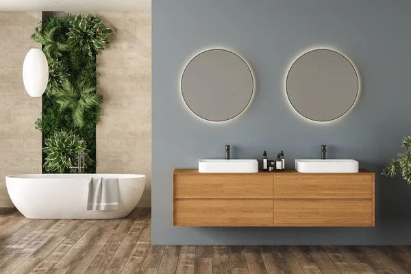 现代浴室内部有蓝色和米黄色背景 花束地板 白色浴缸 前视图 带有现代家具的简约浴室 3D渲染 — 图库照片