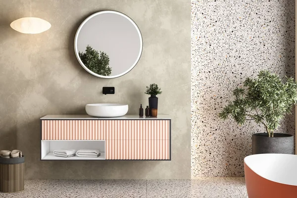 Modernes Minimalistisches Badezimmerinterieur Moderne Rosa Badezimmerschränke Weißes Waschbecken Hölzerne Waschtische — Stockfoto