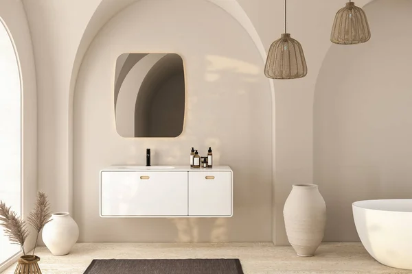 Beyaz Leğen Oval Ayna Küvet Vazoda Kuru Bitkiler Granit Zeminde — Stok fotoğraf