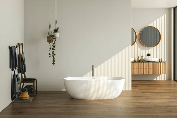 Koyu Kahverengi Parke Döşemeli Modern Banyo Iki Lavabo Çift Ayna — Stok fotoğraf