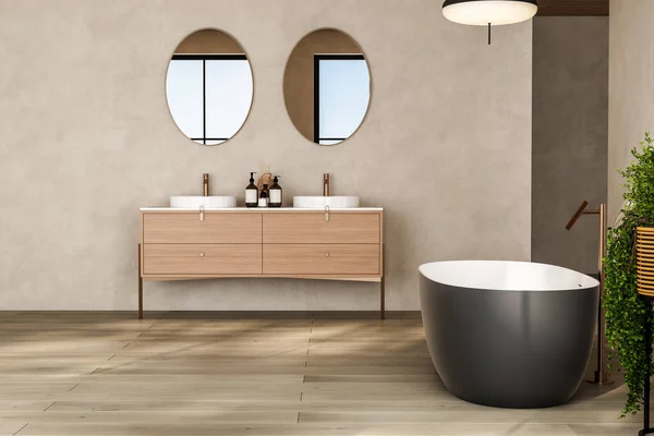 Béžová Koupelna Interiér Dvojitým Umyvadlem Zrcadlem Koberec Podlaze Tvrdého Dřeva — Stock fotografie